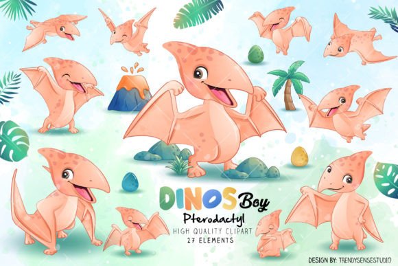 Dinosaur Pterodactyl Poses Clipart: A Watercolor Asset for Modern Projects