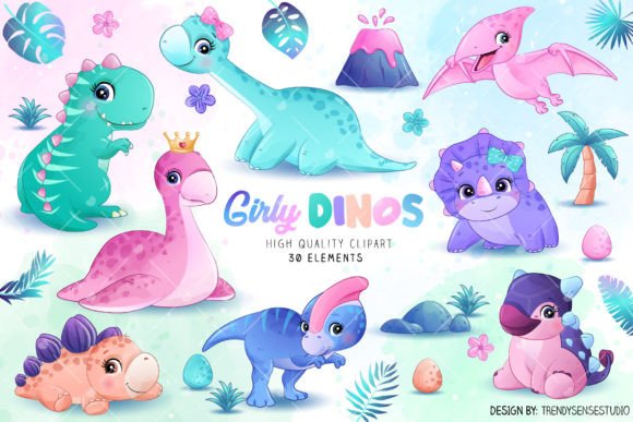 Doodle Girly Dinosaurs Clipart: Whimsical Watercolor Charm