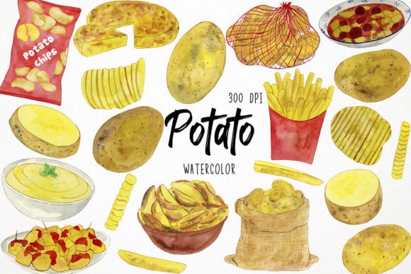 Watercolor Potato Clipart, Chips: A Fresh Set of Hand-Painted Elements